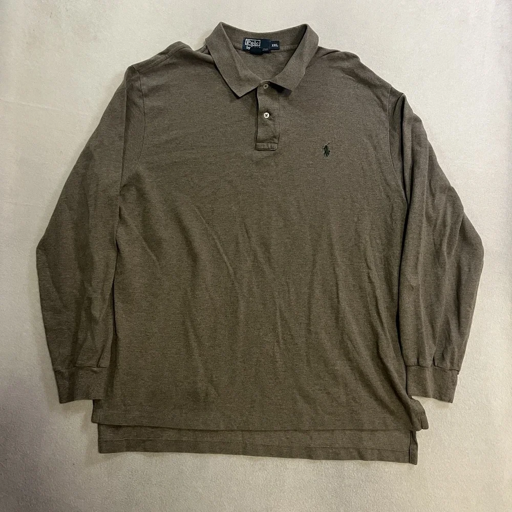 VTG Polo Ralph Lauren Men's Size 2XL Long Sleeve Polo Shirt Olive Green Cotton